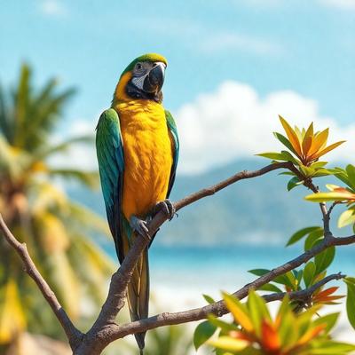 The primary subject of the image is a colorful parrot perched on a tree branch. The setting is a tropical environment, with a blue sky visible in the background. The visual style of the image is a photo, capturing the vibrant colors and details of the parrot and its surroundings. The colors and mood of the image are lively and cheerful, with the parrot's vivid plumage and the blue sky creating a sense of warmth and natural beauty.